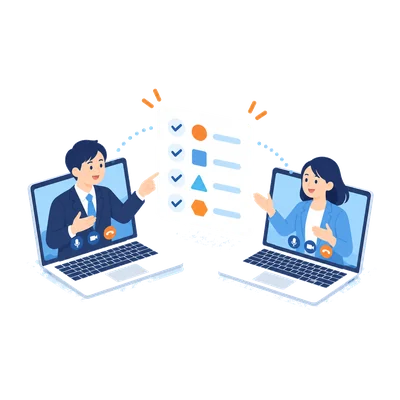 オンラインで内容を確かめ合うイラスト
