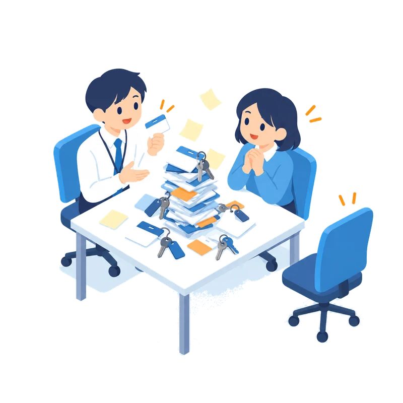 新しく来た人に、アカウントの扱いを一から説明しているイラスト