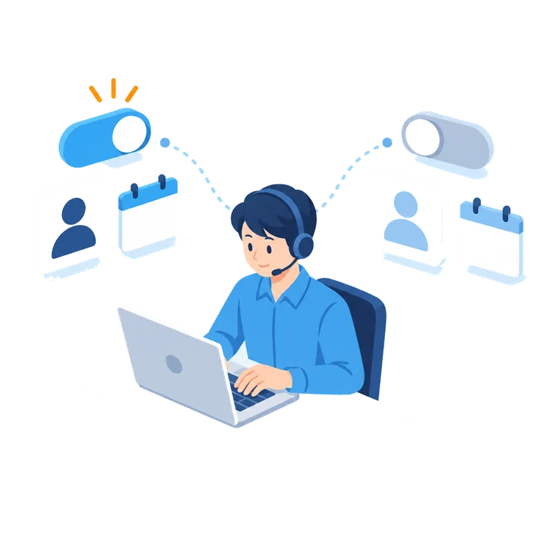 入社する人のアカウントをオンに、退社する人のアカウントをオフにしているイラスト