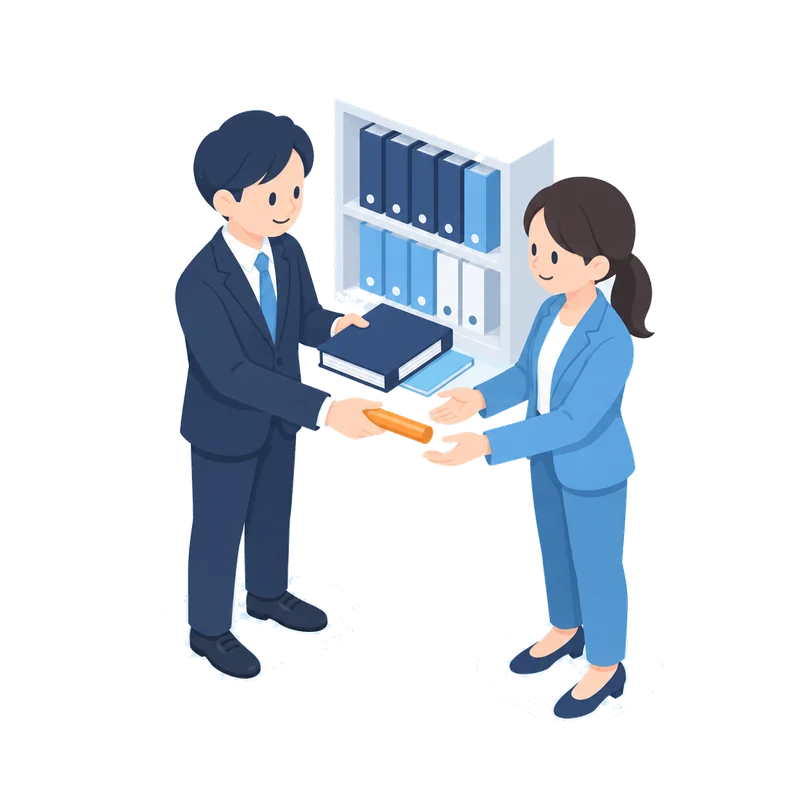 台帳と手順書を次の担当者へ手渡しているイラスト